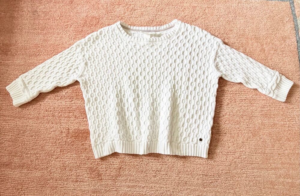 H&M L.O.G.G. White 100% Cotton Textured Knit Sweater S 3/4 Sleeve